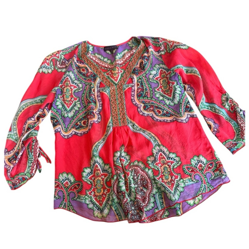 Hale Bob 100% Silk Boho Paisley Blouse Colorful Sheer Peasant Top M Artsy Pink